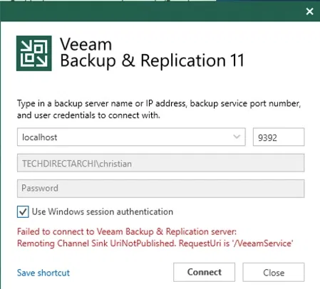 failed to connect to veeam backup & replication server